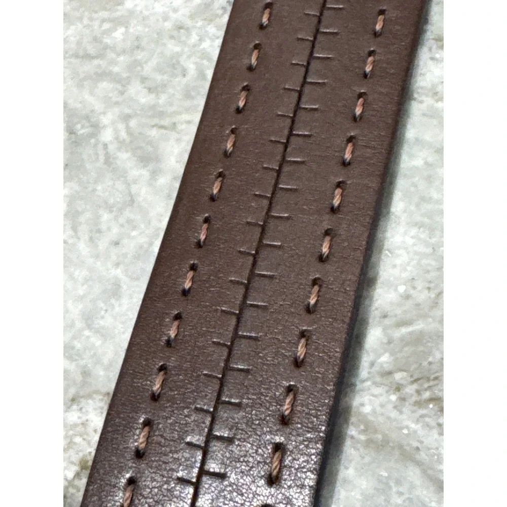 men's dark brown leather Orvis belt thick, rugged‎ strap accent stitch rows 44